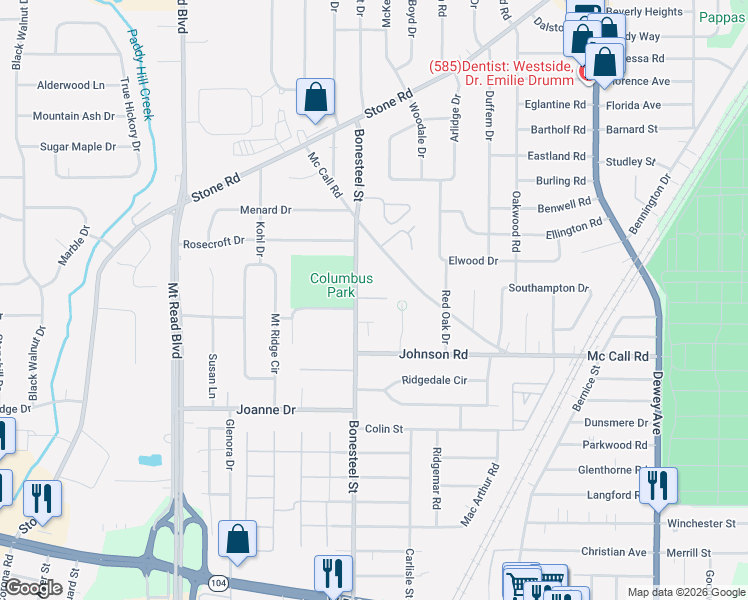 map of restaurants, bars, coffee shops, grocery stores, and more near 43 Bonesteel Circle in Rochester