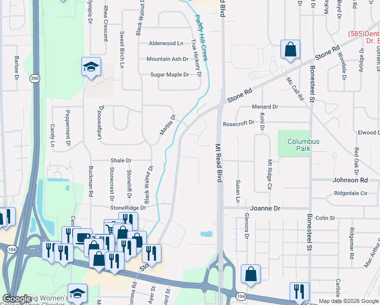 map of restaurants, bars, coffee shops, grocery stores, and more near 1539 Stone Road in Rochester