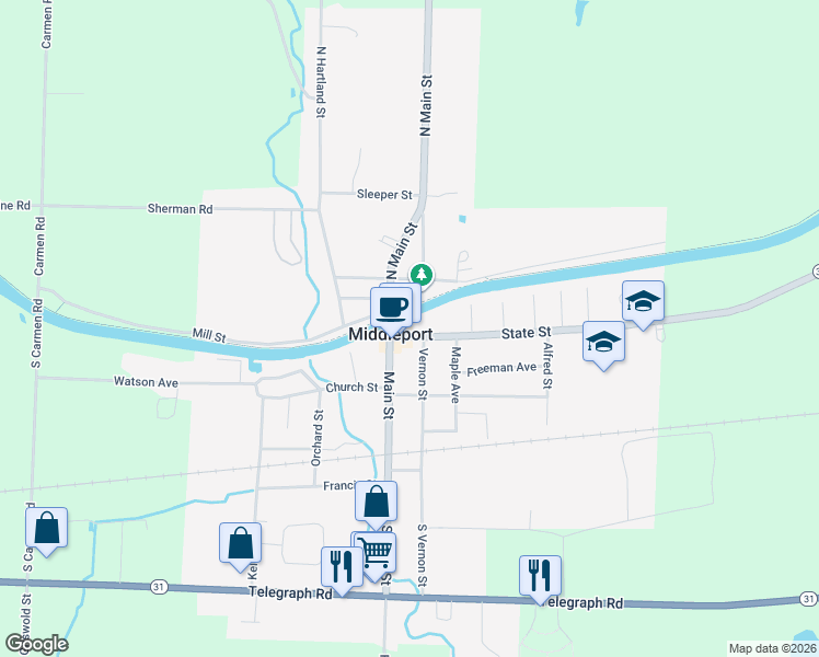 map of restaurants, bars, coffee shops, grocery stores, and more near 8 Vernon Street in Middleport