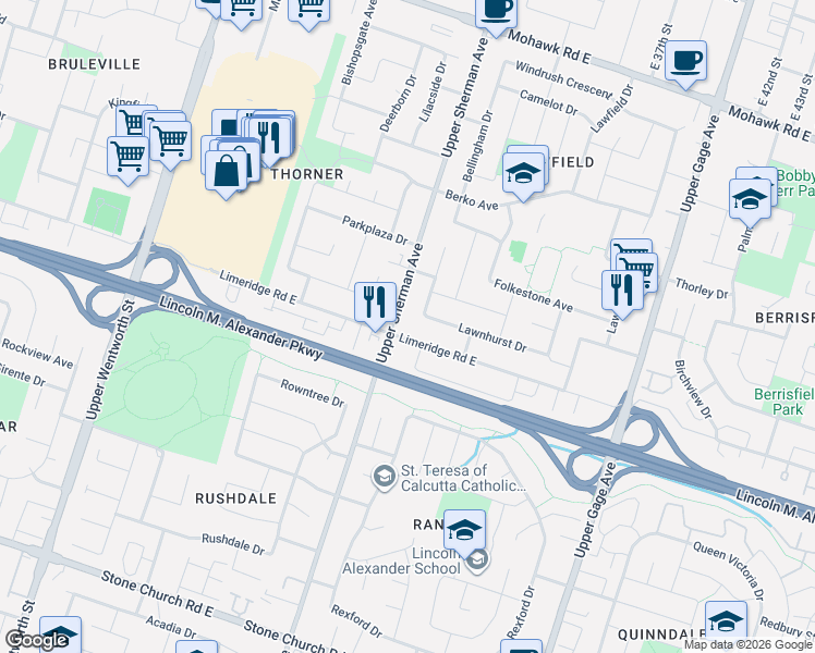 map of restaurants, bars, coffee shops, grocery stores, and more near 1115 Upper Sherman Avenue in Hamilton