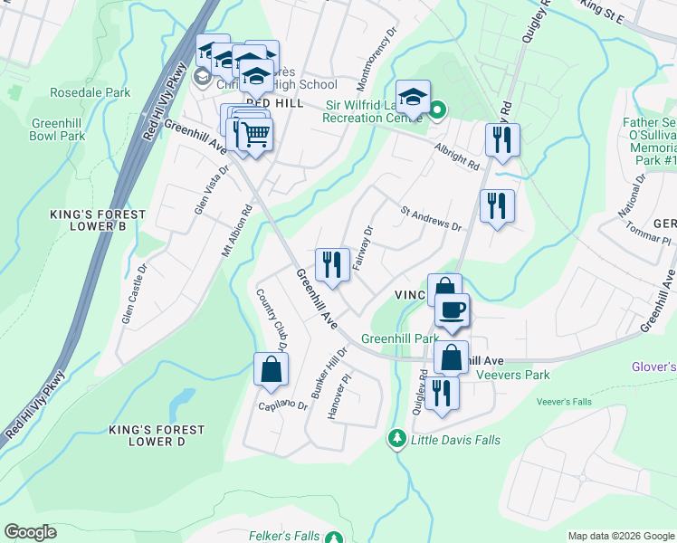 map of restaurants, bars, coffee shops, grocery stores, and more near 217 Saint Andrews Drive in Hamilton