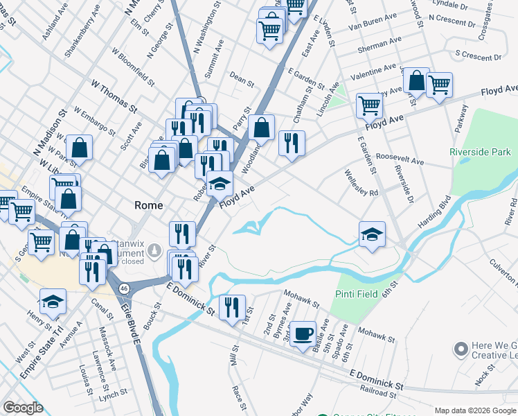 map of restaurants, bars, coffee shops, grocery stores, and more near 317 Cottage Street in Rome