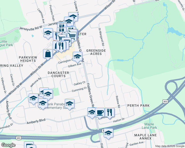 map of restaurants, bars, coffee shops, grocery stores, and more near 7 Ravina Crescent in Hamilton