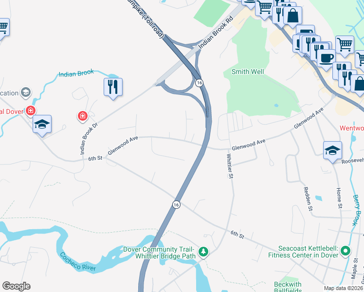 map of restaurants, bars, coffee shops, grocery stores, and more near 40 Conifer Commons in Dover