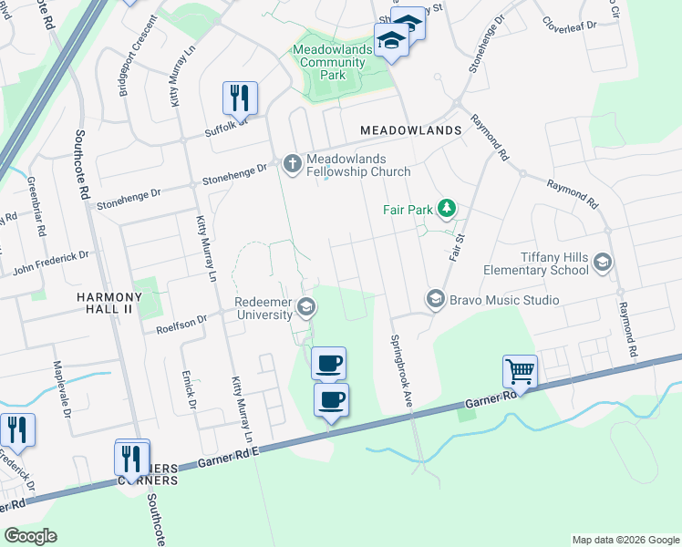 map of restaurants, bars, coffee shops, grocery stores, and more near Augustine Lane in Hamilton