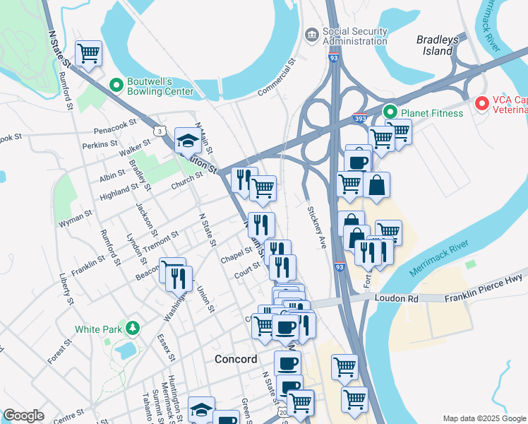 map of restaurants, bars, coffee shops, grocery stores, and more near 10 Ferry Street in Concord