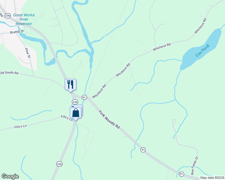 map of restaurants, bars, coffee shops, grocery stores, and more near 12 Witchtrot Road in South Berwick