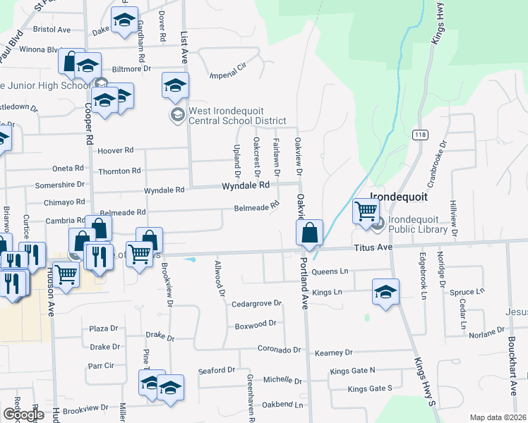 map of restaurants, bars, coffee shops, grocery stores, and more near 147 North Ridgelawn Drive in Rochester