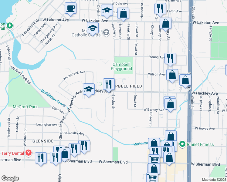 map of restaurants, bars, coffee shops, grocery stores, and more near W Hackley Ave & Barclay St in Muskegon
