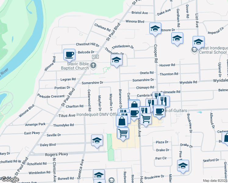 map of restaurants, bars, coffee shops, grocery stores, and more near 67 Briarwood Drive in Rochester