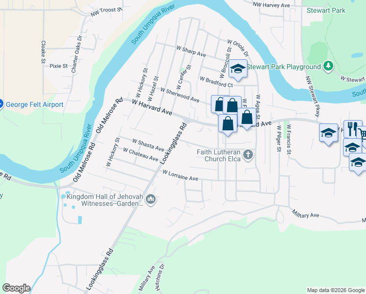 map of restaurants, bars, coffee shops, grocery stores, and more near 2957 West Jay Avenue in Roseburg