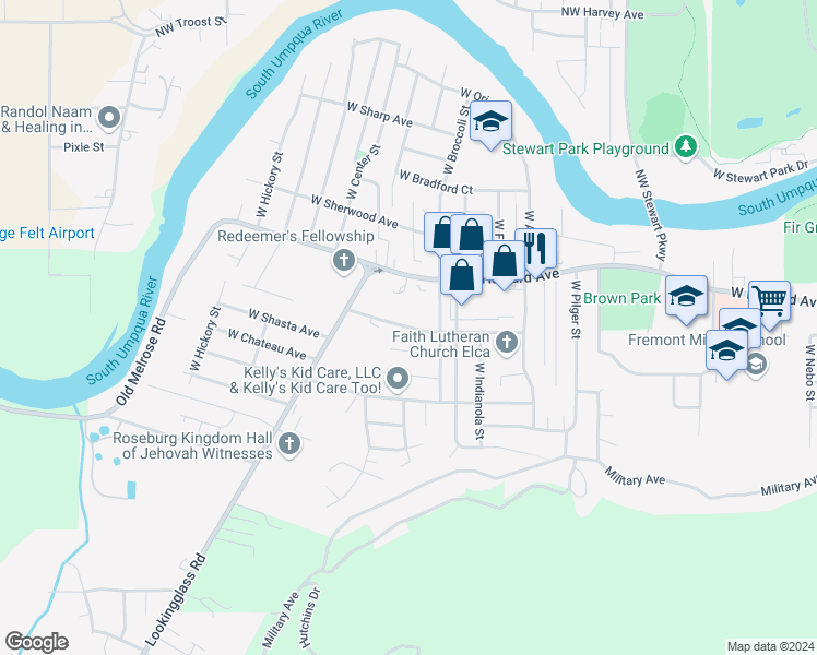 map of restaurants, bars, coffee shops, grocery stores, and more near 2832 West Jay Avenue in Roseburg