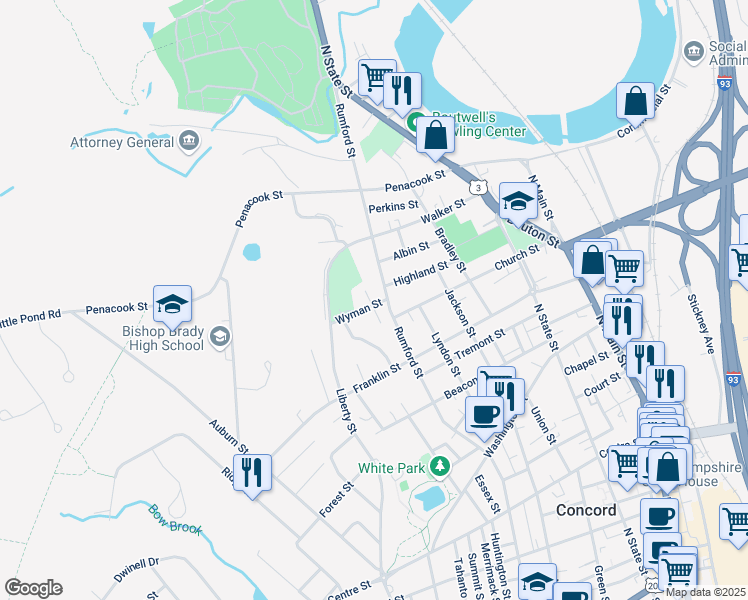 map of restaurants, bars, coffee shops, grocery stores, and more near 160 Rumford Street in Concord