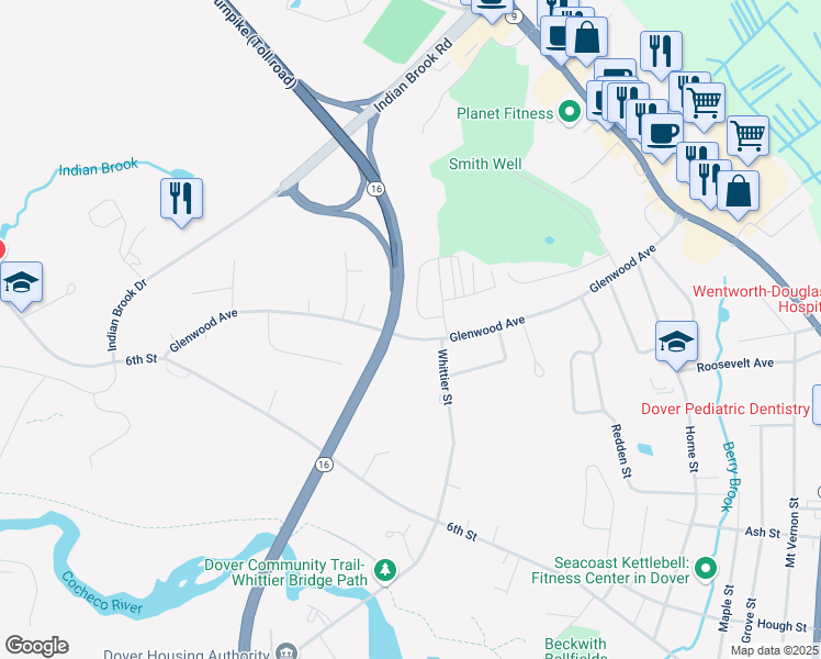map of restaurants, bars, coffee shops, grocery stores, and more near Spaulding Turnpike in Dover