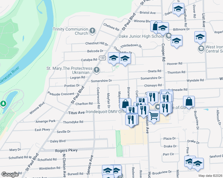 map of restaurants, bars, coffee shops, grocery stores, and more near 137 Somershire Drive in Irondequoit