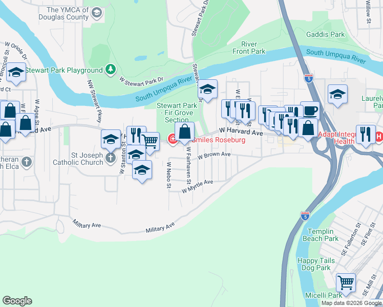 map of restaurants, bars, coffee shops, grocery stores, and more near 631 West Union Street in Roseburg