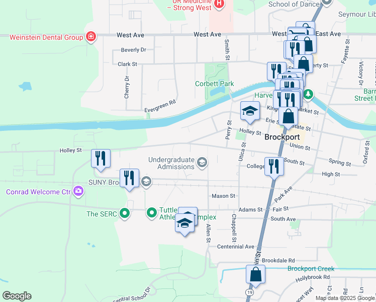 map of restaurants, bars, coffee shops, grocery stores, and more near 350 New Campus Drive in Brockport