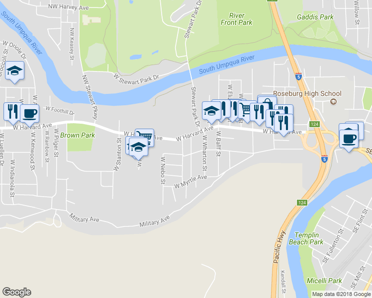 map of restaurants, bars, coffee shops, grocery stores, and more near 631 West Union Street in Roseburg