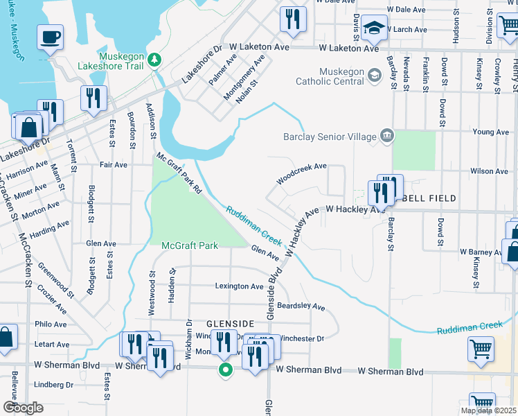 map of restaurants, bars, coffee shops, grocery stores, and more near 2125 Rosewood Lane in Muskegon