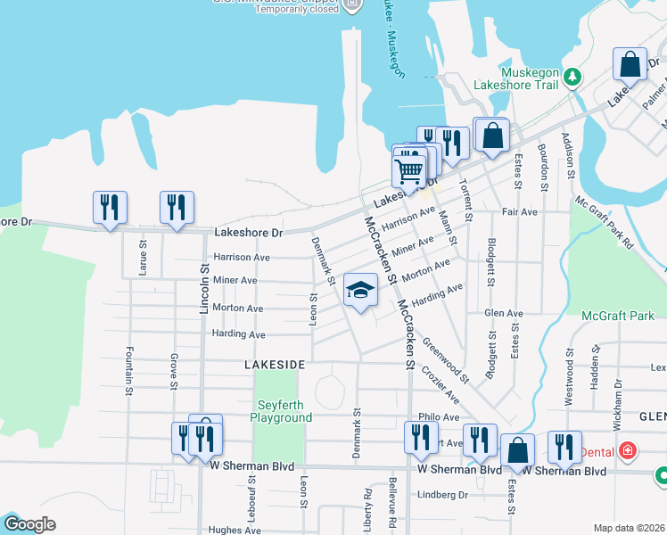 map of restaurants, bars, coffee shops, grocery stores, and more near 2141 Harrison Avenue in Muskegon