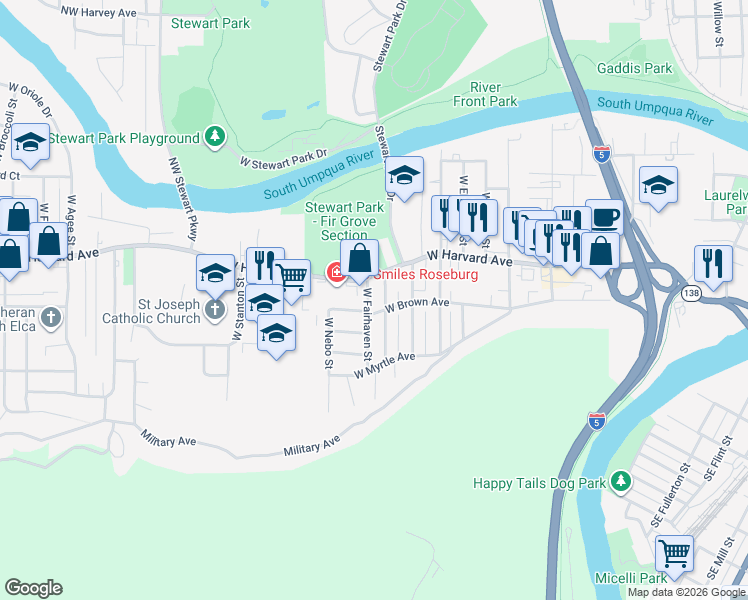 map of restaurants, bars, coffee shops, grocery stores, and more near 655 West Fairhaven Street in Roseburg