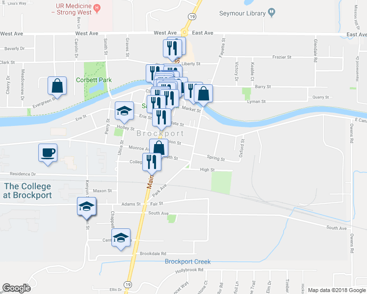 map of restaurants, bars, coffee shops, grocery stores, and more near 46 Union Street in Brockport