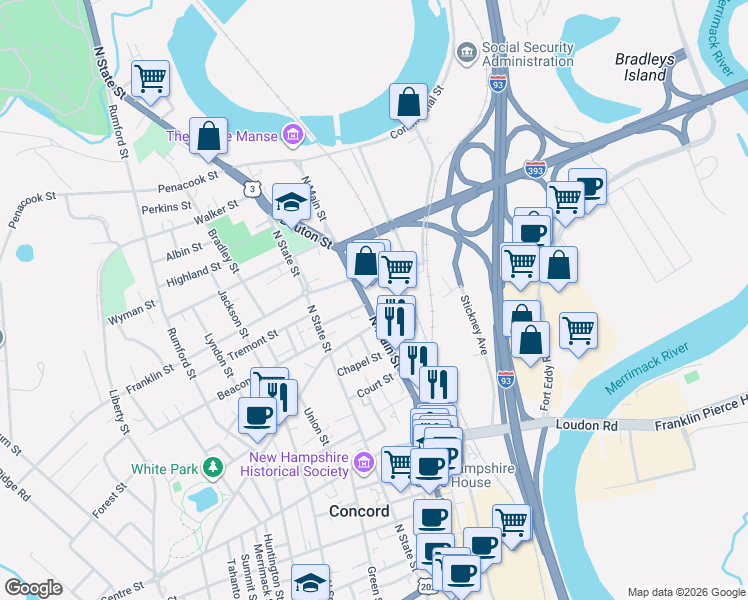 map of restaurants, bars, coffee shops, grocery stores, and more near 230 North Main Street in Concord