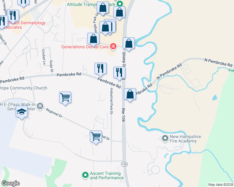 map of restaurants, bars, coffee shops, grocery stores, and more near 212 Pembroke Road in Concord