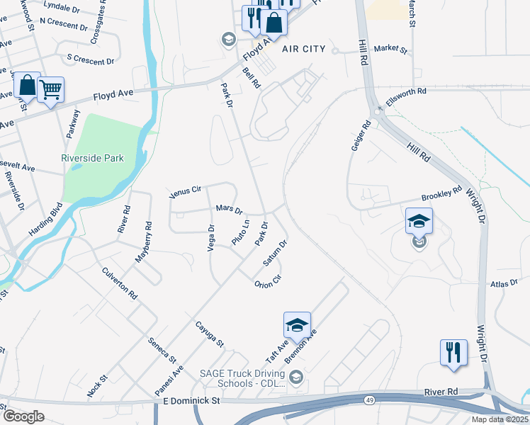 map of restaurants, bars, coffee shops, grocery stores, and more near 619-899 Park Drive in Rome