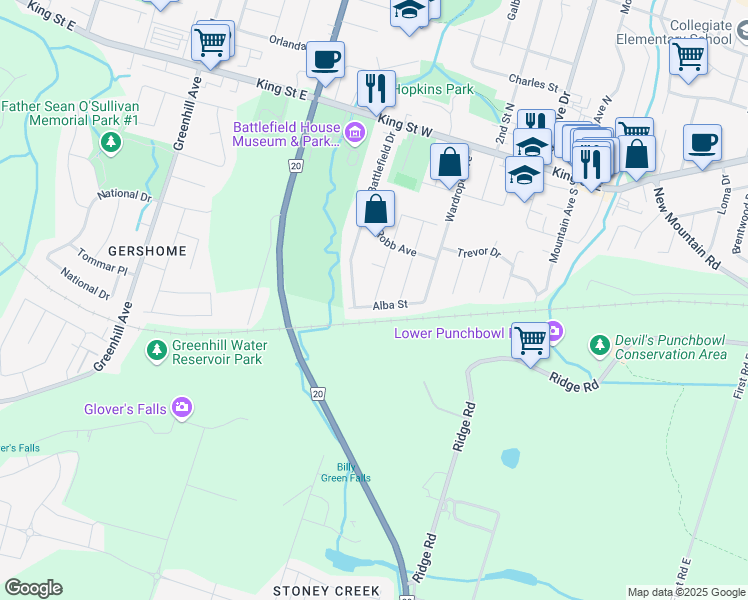map of restaurants, bars, coffee shops, grocery stores, and more near 14 Alba Street in Hamilton
