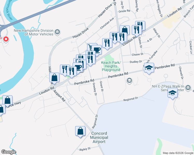 map of restaurants, bars, coffee shops, grocery stores, and more near 13 Newton Avenue in Concord