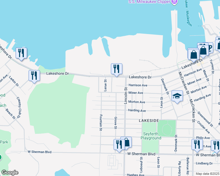 map of restaurants, bars, coffee shops, grocery stores, and more near 2187 Clifford Street in Muskegon