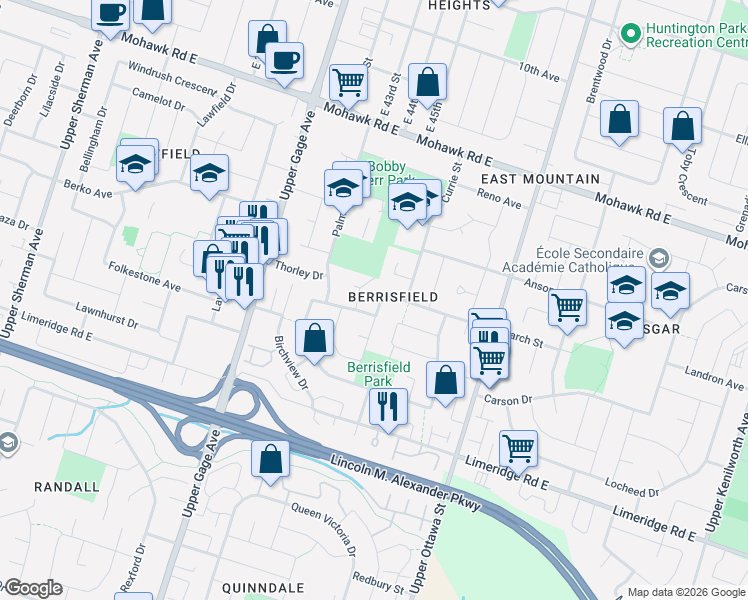 map of restaurants, bars, coffee shops, grocery stores, and more near 107 Billington Crescent in Hamilton