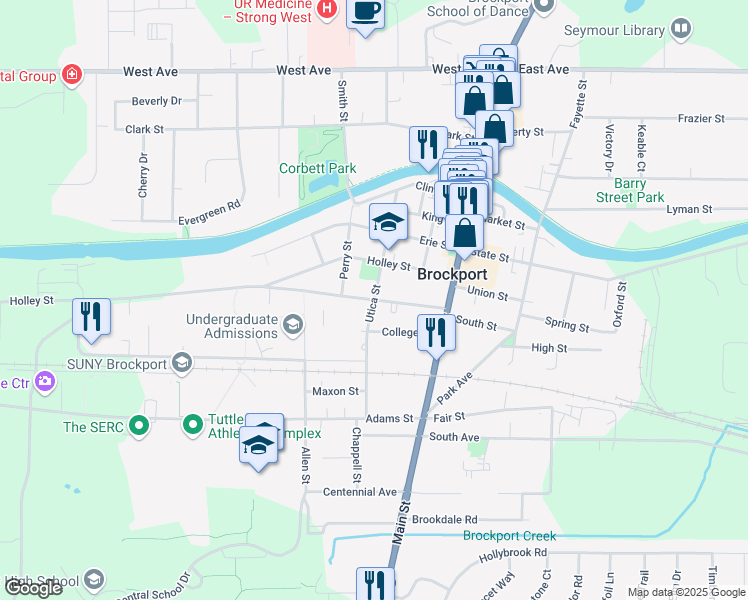 map of restaurants, bars, coffee shops, grocery stores, and more near Utica Street & Monroe Avenue in Brockport