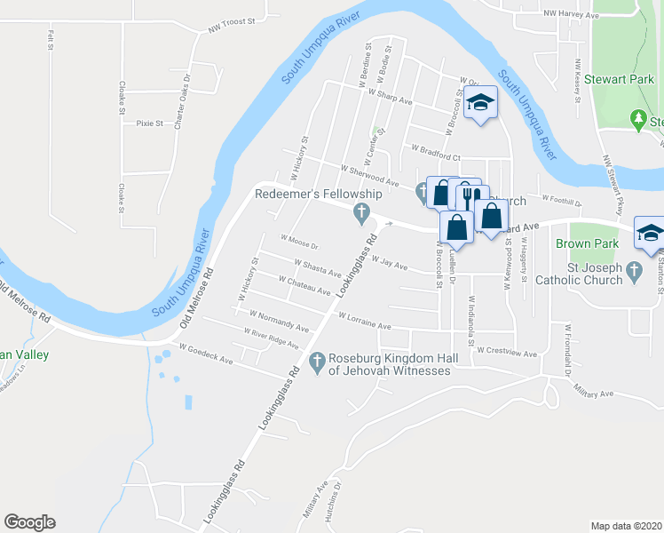 map of restaurants, bars, coffee shops, grocery stores, and more near 3060 West Shasta Avenue in Roseburg