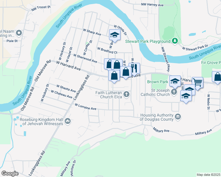 map of restaurants, bars, coffee shops, grocery stores, and more near 658 West Luellen Drive in Roseburg