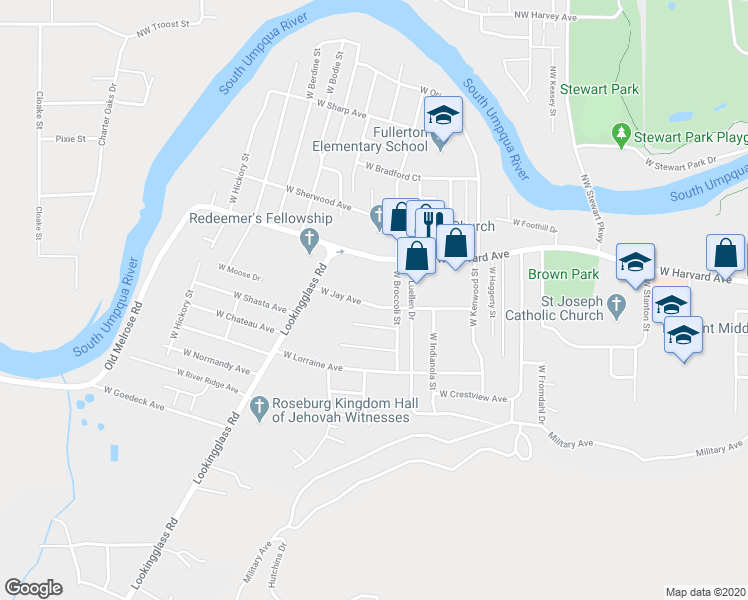 map of restaurants, bars, coffee shops, grocery stores, and more near 2824 West Jay Avenue in Roseburg