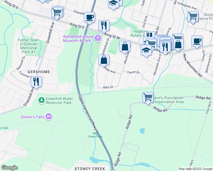 map of restaurants, bars, coffee shops, grocery stores, and more near 12 Alba Street in Hamilton