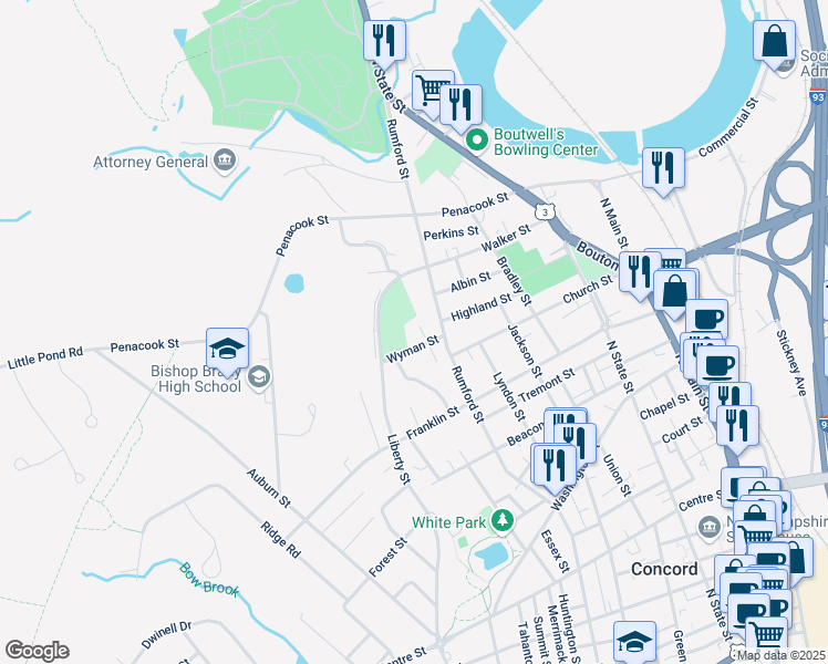 map of restaurants, bars, coffee shops, grocery stores, and more near 155 Rumford Street in Concord