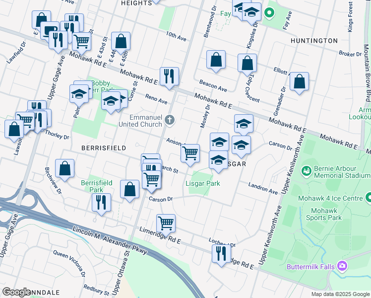 map of restaurants, bars, coffee shops, grocery stores, and more near in Hamilton