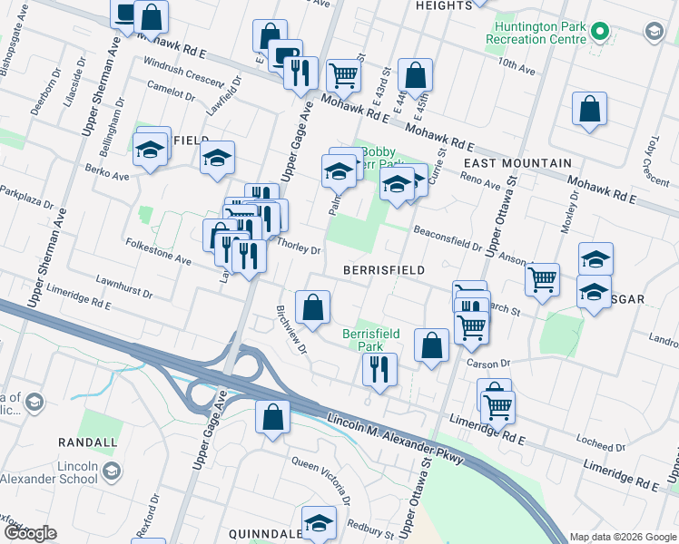 map of restaurants, bars, coffee shops, grocery stores, and more near 99 Palmer Road in Hamilton