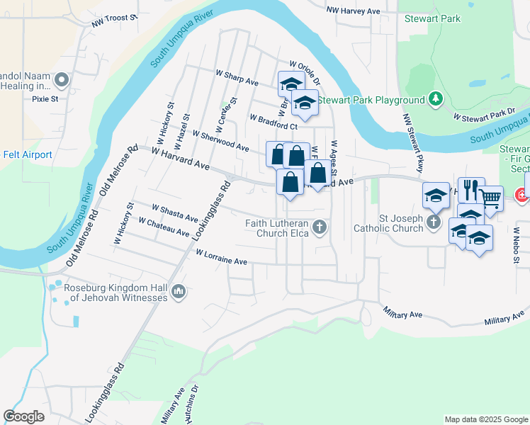 map of restaurants, bars, coffee shops, grocery stores, and more near 2732 West Jay Avenue in Roseburg