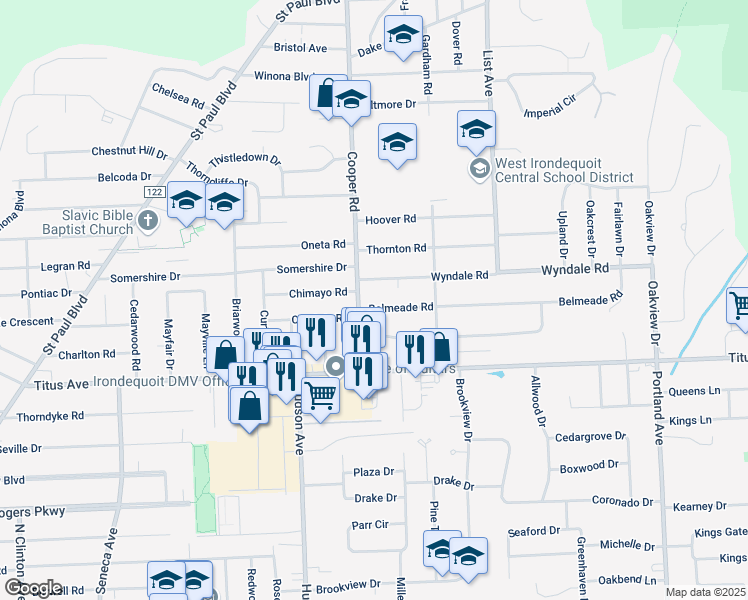 map of restaurants, bars, coffee shops, grocery stores, and more near 11 Wyndale Road in Irondequoit