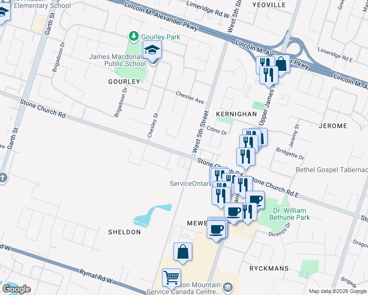 map of restaurants, bars, coffee shops, grocery stores, and more near 195 Annabelle Street in Hamilton