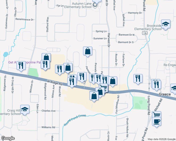 map of restaurants, bars, coffee shops, grocery stores, and more near Pennels Drive in Rochester