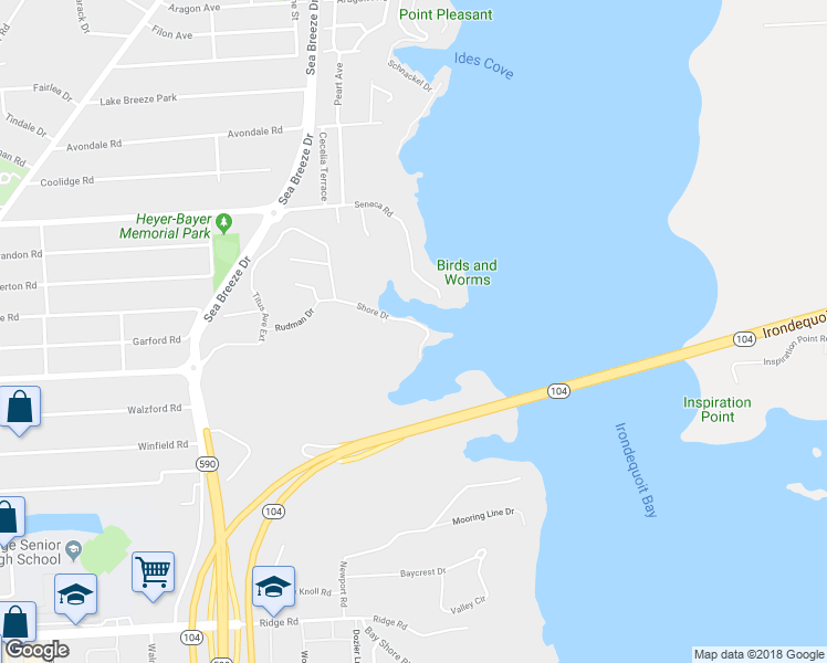 map of restaurants, bars, coffee shops, grocery stores, and more near 241 Shore Drive in Rochester