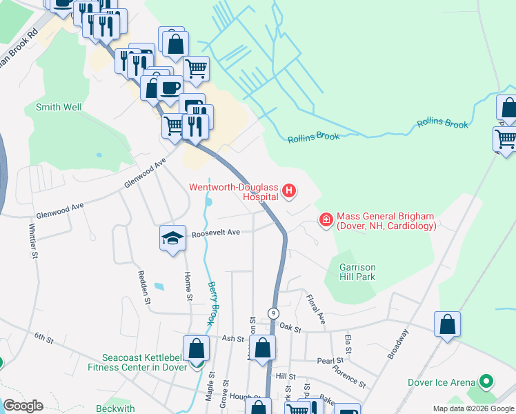 map of restaurants, bars, coffee shops, grocery stores, and more near 798 Central Avenue in Dover