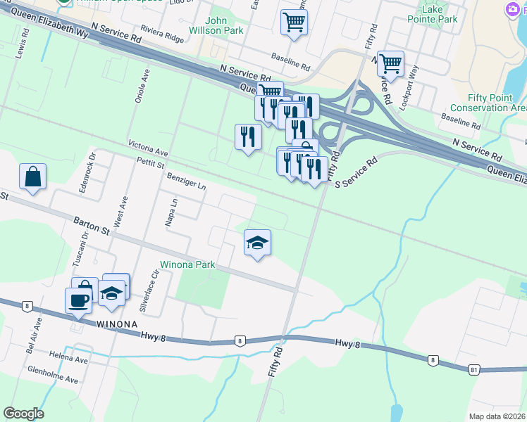 map of restaurants, bars, coffee shops, grocery stores, and more near 82 Pinot Crescent in Hamilton