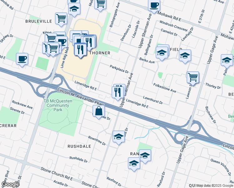 map of restaurants, bars, coffee shops, grocery stores, and more near 254 Parkwood Crescent in Hamilton