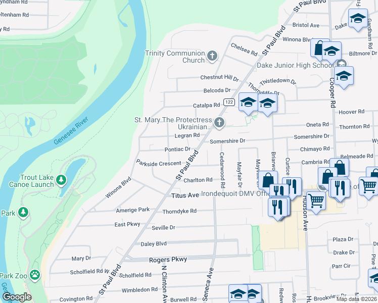 map of restaurants, bars, coffee shops, grocery stores, and more near 124 Pontiac Drive in Rochester